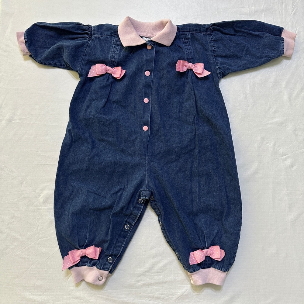 Buster‎ Brown Denim Romper Baby Girl 18M Bows Vintage 90s Coquette Americana